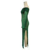 Women's Off Shoulder Long-Sleeved See-Through Slit Dress