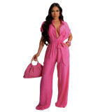 Women's Solid Color Casual Women's Turndown Collar Short Sleeve Linen Jumpsuit