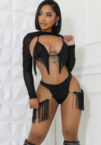 Women Tassel Top and Briefs with See-Through Shoulder Set Women Tassel Top and Briefs with See-Through Shoulder Set