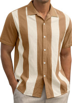 Summer Retro Contrast Stripe Patchwork Short Sleeve Shirt Summer Retro Contrast Stripe Patchwork Short Sleeve Shirt