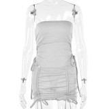 Women Summer Sexy Drawstring Top and Skirt Two-piece Set
