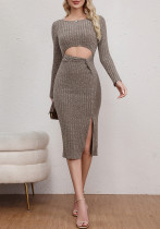 Spring And Autumn Knot Hollow Slim High Waist Long Sleeve Ribbed Knitting Bodycon Dress Spring And Autumn Knot Hollow Slim High Waist Long Sleeve Ribbed Knitting Bodycon Dress