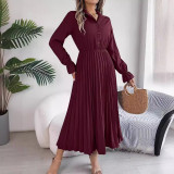 Autumn Winter Casual Turndown Collar Button Long Sleeve Slim Waist Pleated Women's Long Dress