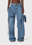 Women Spring Patchwork Bow Denim Wide Leg Pants