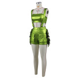 Women Sexy Wrapped Chest And Tassel Bib Shorts two piece Set