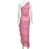 Summer women's Floral Slash Shoulder sexy side slit Lace-Up long dress