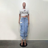 women's slit Ripped pocket Cargo Denim skirt