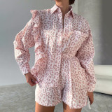pink leopard print fashion long-sleeved shrit shorts two piece set