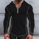Casual fashion Men's waffle button hooded long sleeve T-shirt top