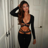 Women Sexy V-neck Long Sleeve Top and Lace-Up Wide Leg Pants Two-piece Set
