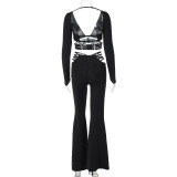 Women Sexy V-neck Long Sleeve Top and Lace-Up Wide Leg Pants Two-piece Set