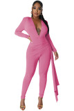Women's Solid Color Sexy Deep V Neck Tight Fitting Long Sleeve Jumpsuit