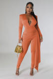 Women's Solid Color Sexy Deep V Neck Tight Fitting Long Sleeve Jumpsuit