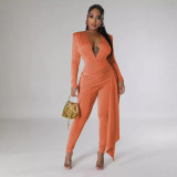 Women's Solid Color Sexy Deep V Neck Tight Fitting Long Sleeve Jumpsuit