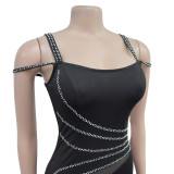 Fashion Women's Beaded Strap Off Shoulder Solid Color Mesh Patchwork Evening Dress