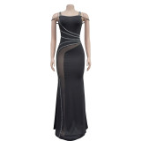 Fashion Women's Beaded Strap Off Shoulder Solid Color Mesh Patchwork Evening Dress