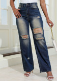 Women Autumn Retro Ripped Denim Pants