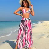 Sexy Women Printed Bikini Slit High Waist Trousers Three-Piece Swimwear