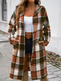 Autumn Winter Women's Casual Loose Contrast Color Buttoned Hooded Coat