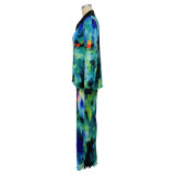 Women Fall Printed Long Sleeve Top and Wide Leg Pants Two-piece Set