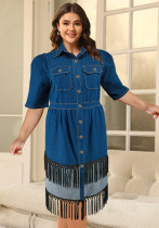 Plus Size Women Denim Turndown Collar Short Sleeve Tassel Dress Plus Size Women Denim Turndown Collar Short Sleeve Tassel Dress