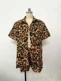 Women Leopard Print Short Sleeve Shirt Shorts Summer Two-Piece Set