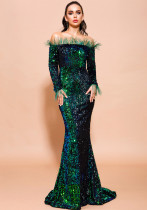 Sequin Mermaid Evening Dress Female Feather Off Shoulder Long Sleeve Formal Party Long Dress Sequin Mermaid Evening Dress Female Feather Off Shoulder Long Sleeve Formal Party Long Dress