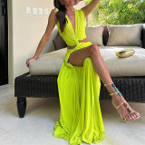 Women's Summer Hollow Knot Slit V-Neck Sleeveless Pleated Irregular Dress