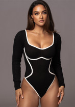 Women's Contrasting Color One-Piece Ribbed Knitting Long Sleeve Bodysuit Tops Women's Contrasting Color One-Piece Ribbed Knitting Long Sleeve Bodysuit Tops