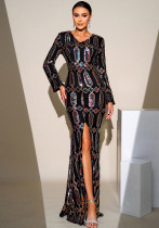 Women Sequined Long Sleeve Round Neck Formal Party Maxi Evening Dress Women Sequined Long Sleeve Round Neck Formal Party Maxi Evening Dress