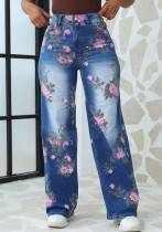 Plus Size Women Autumn Printed Denim Wide Leg Pants Plus Size Women Autumn Printed Denim Wide Leg Pants
