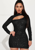 Women Long Sleeve Hollow Out Sequin Bodycon Dress Women Long Sleeve Hollow Out Sequin Bodycon Dress