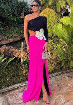 One Shoulder Contrasting Design High Waist Flower Patchwork Slit Women's Long Dress One Shoulder Contrasting Design High Waist Flower Patchwork Slit Women's Long Dress