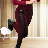 Women's Casual Pants Ladies Black Color Imitation Leather Patchwork Trousers