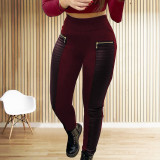 Women's Casual Pants Ladies Black Color Imitation Leather Patchwork Trousers