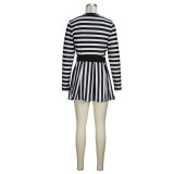 Spring Autumn And Winter Women's Fashion Striped Casual Long Sleeve Round Neck Top Skirt Two-Piece Set