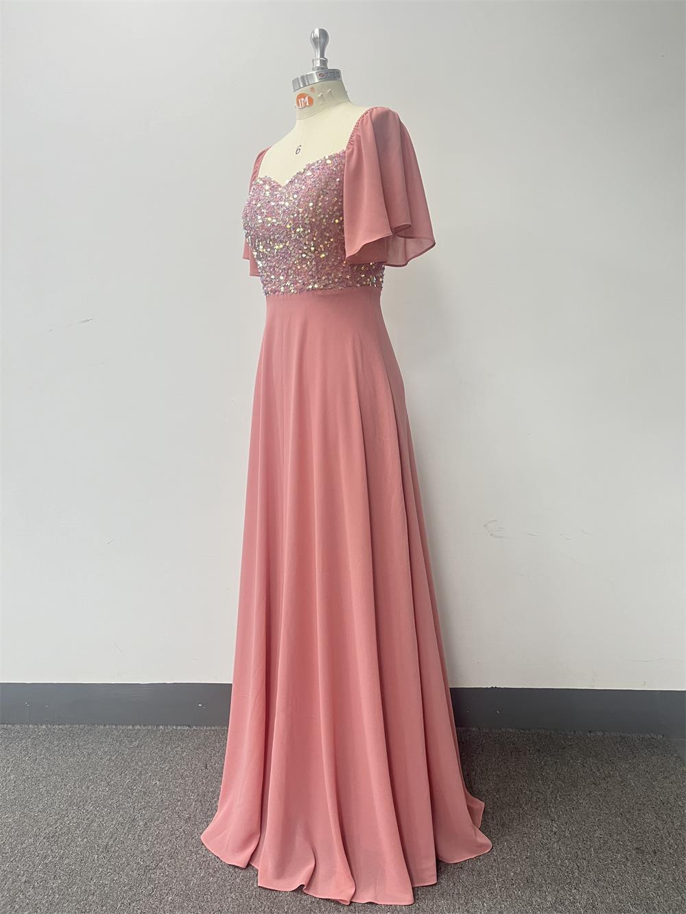 Women Square-neck Short-sleeved Backless Pink Sequin Patchwork Chiffon Evening Dress