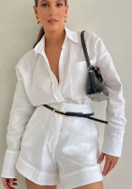 Women casual long-sleeved shirt and shorts two-piece set Women casual long-sleeved shirt and shorts two-piece set