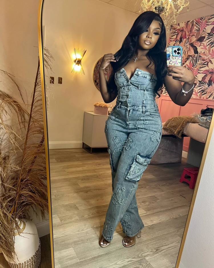 Strapless Embroidered Elastic Denim Jumpsuit for Casual Outings