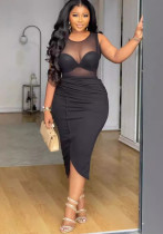 Women See-Through Patchwork Sleeveless Slit Dress Women See-Through Patchwork Sleeveless Slit Dress