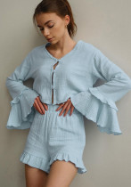 Women Lotus Edge Long-sleeved Top and Shorts Two-piece Set Women Lotus Edge Long-sleeved Top and Shorts Two-piece Set