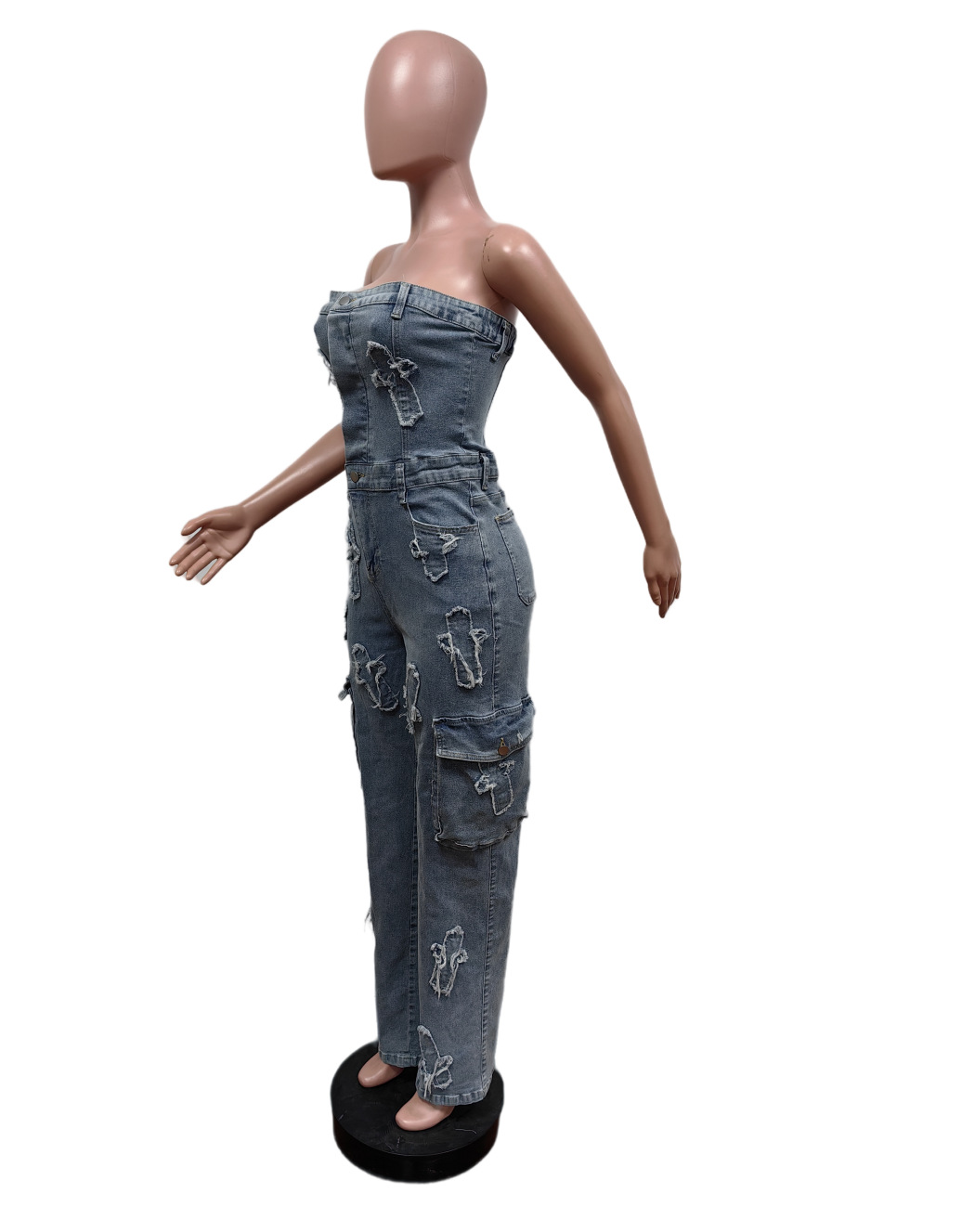 Strapless Embroidered Elastic Denim Jumpsuit for Casual Outings