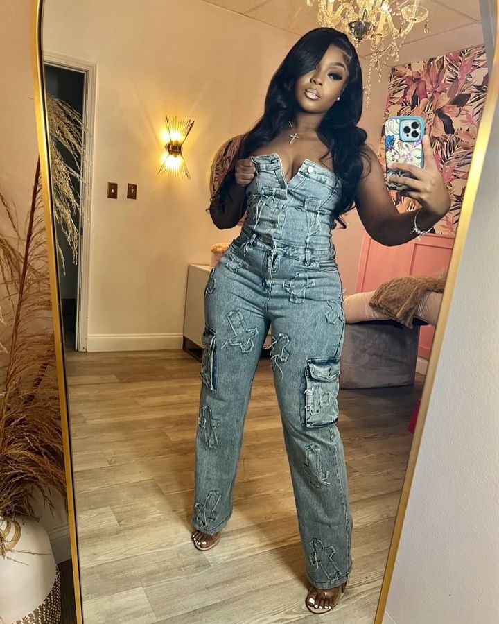 Strapless Embroidered Elastic Denim Jumpsuit for Casual Outings