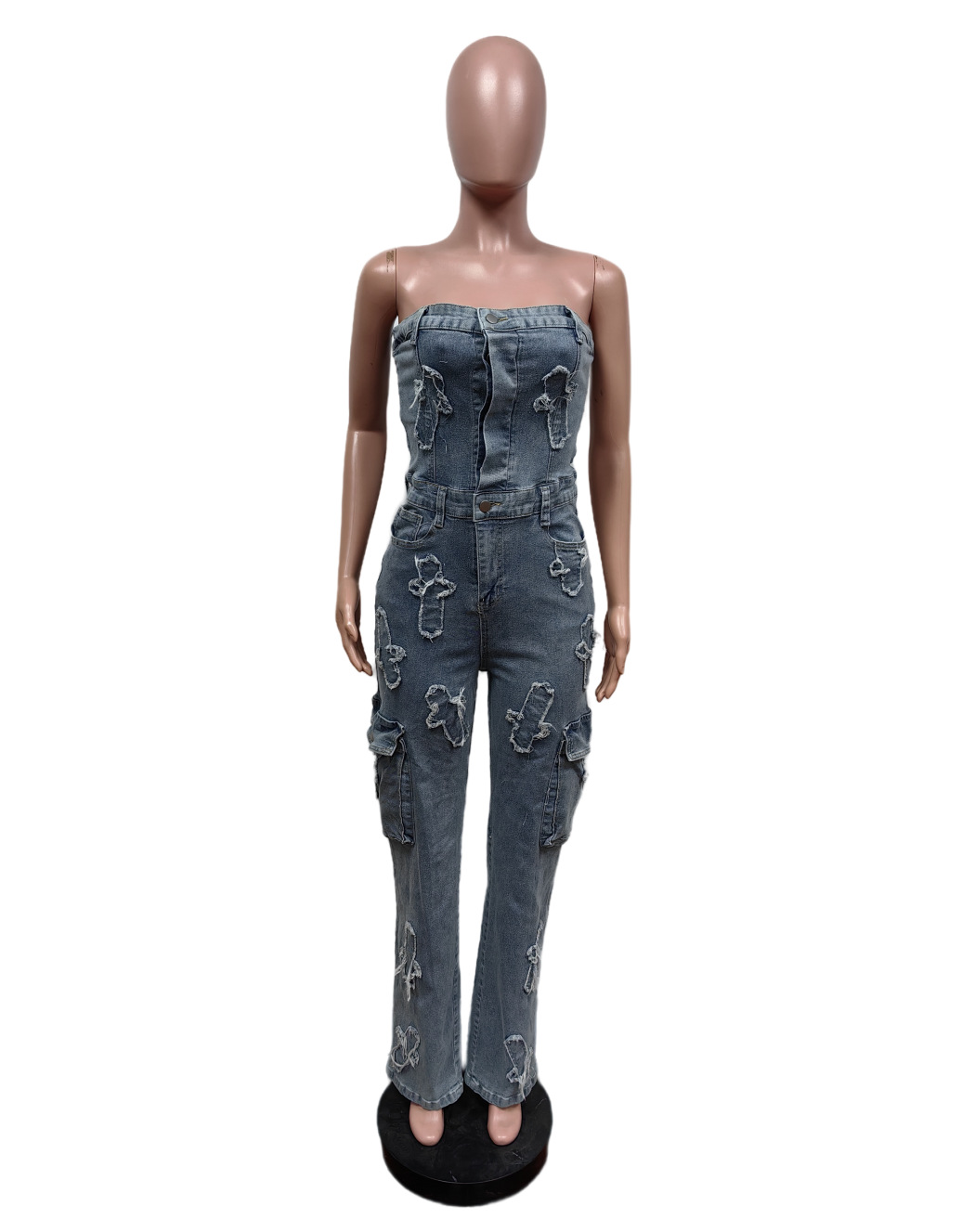 Strapless Embroidered Elastic Denim Jumpsuit for Casual Outings