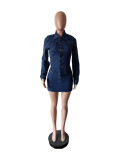 Women Denim Elastic Washed Long Sleeve Top and Skirt Two-piece Set
