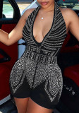 Women Beaded V Neck Backless Lace-Up Halter Neck Jumpsuit