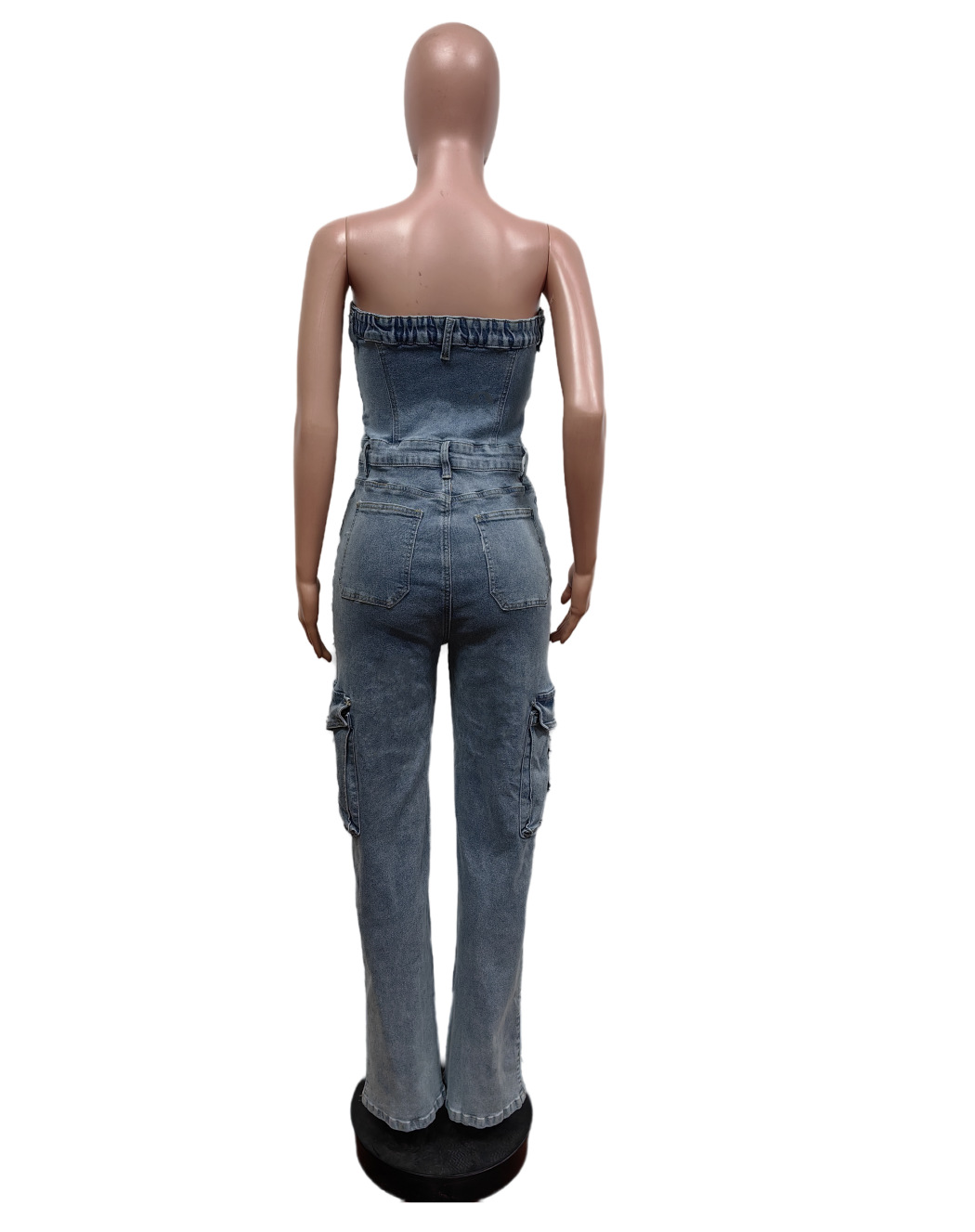 Strapless Embroidered Elastic Denim Jumpsuit for Casual Outings