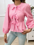 Women Casual Puff Sleeve Round Neck Loose Long Sleeve Shirt