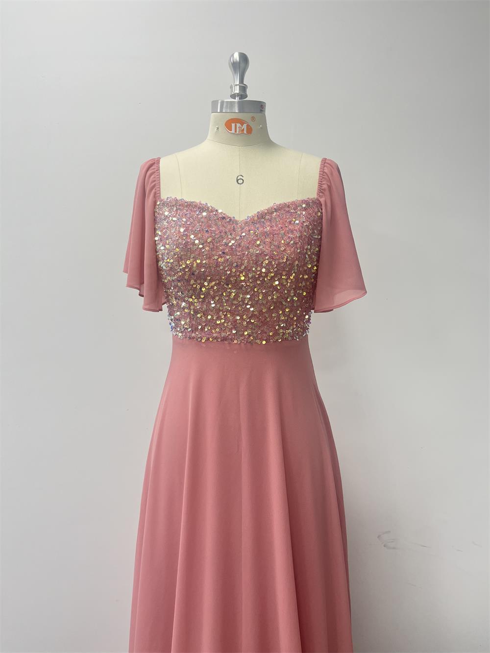 Women Square-neck Short-sleeved Backless Pink Sequin Patchwork Chiffon Evening Dress