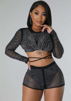 Women sexy long-sleeved Beaded See-Through Mesh Top and shorts two-piece set Women sexy long-sleeved Beaded See-Through Mesh Top and shorts two-piece set